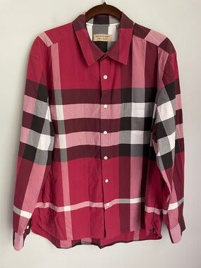 Burberry Men's Pink and Red Plaid Cotton Blend Button-Up Shirt Size XXL